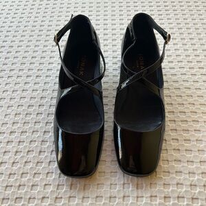 JONAK Paris Black Patent Cross-Strap Square-Toe Heels